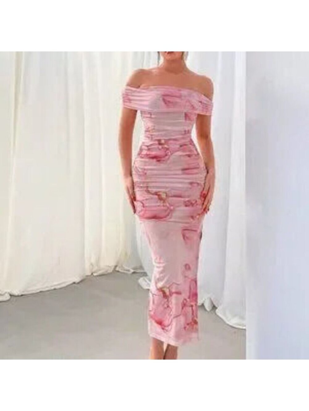 Pink Boho Women's Valentine's Day Floral Print Off-Shoulder Mesh Maxi Dress